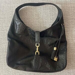 GILI Hobo Style Handbag Black Leather Ostrich Embossed Shoulder Bag Purse